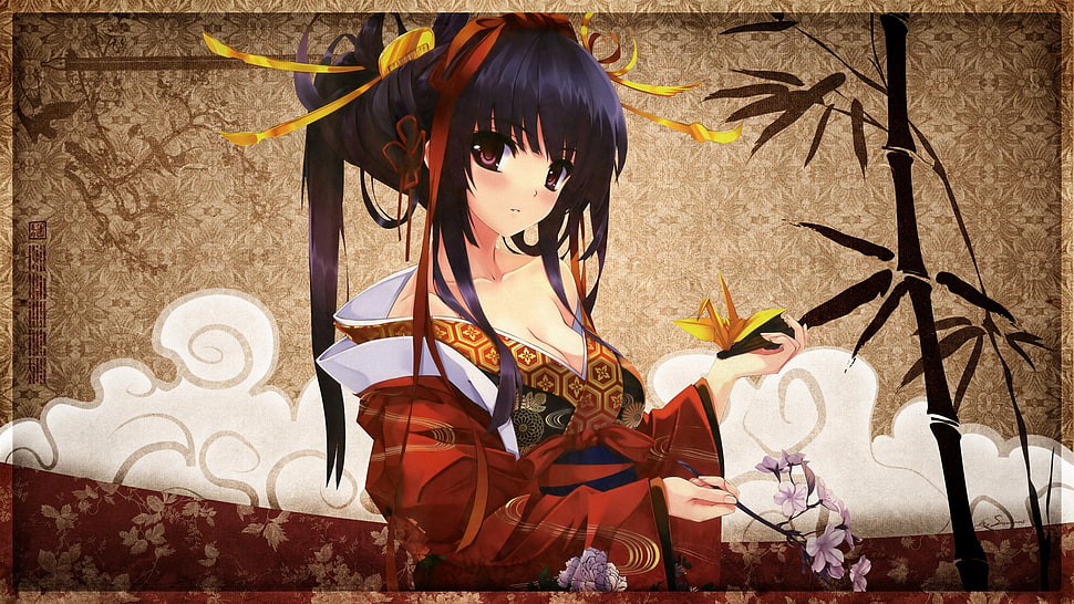 anime girl character with purple hair wearing red kimono and holding Sakura flower illustration HD wallpaper