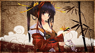 anime girl character with purple hair wearing red kimono and holding Sakura flower illustration