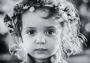 gray scale photography of girl in floral hairband picture