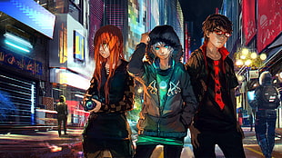 three anime character standing near buildings digital wallpaper