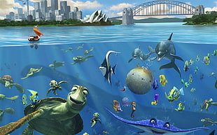 blue and white ceramic table decor, Finding Nemo, fish, turtle, sea