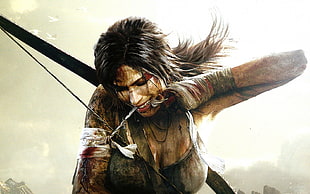 Lara Croft, bow, dark hair, simple background