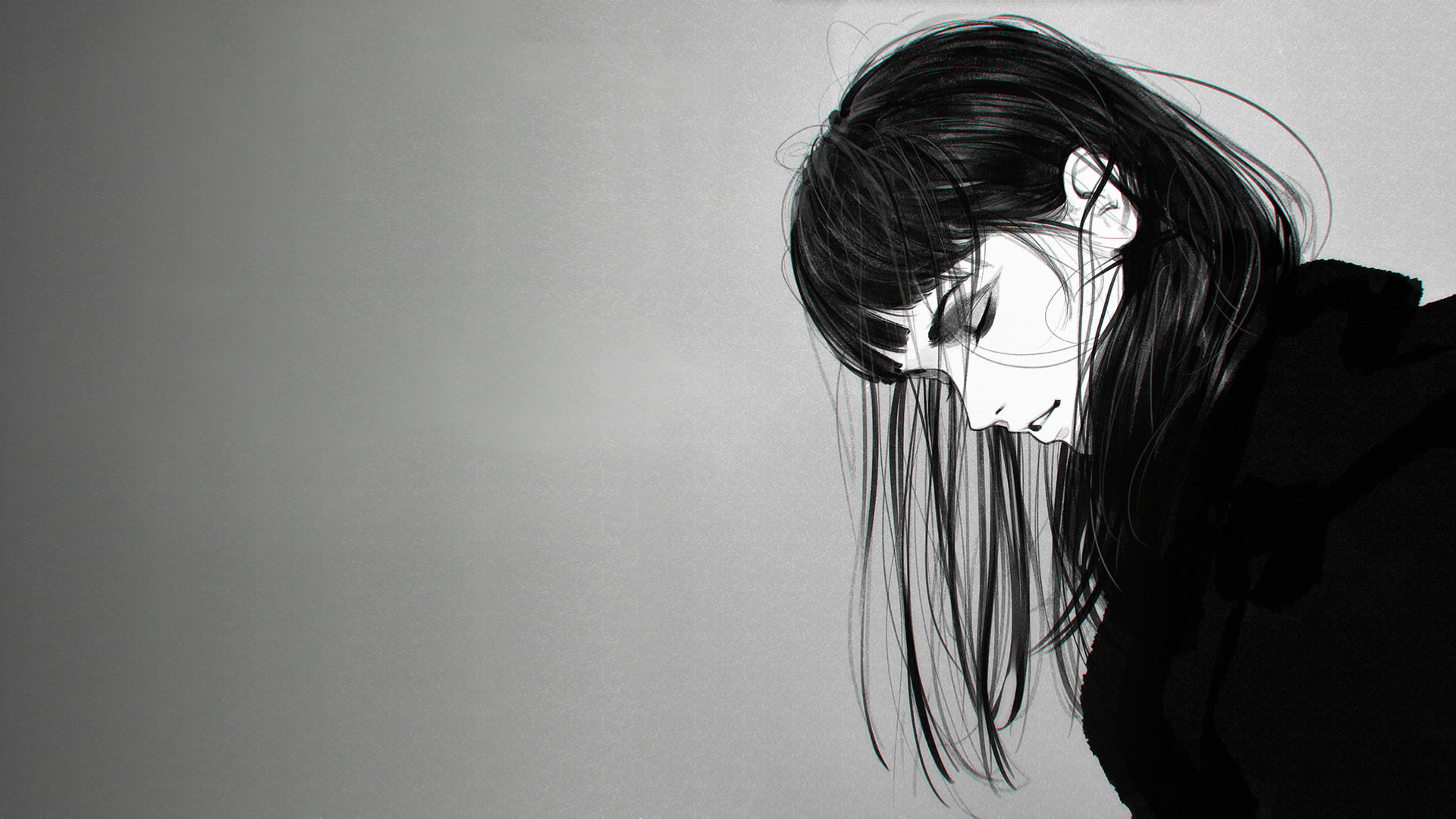 female anime with straight hair digital wallpaper, Ilya Kuvshinov, monochrome, artwork