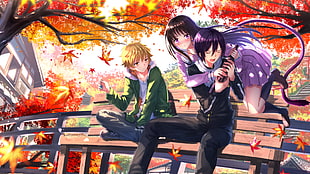 two men sitting on bench and girl with purple dress anime characters