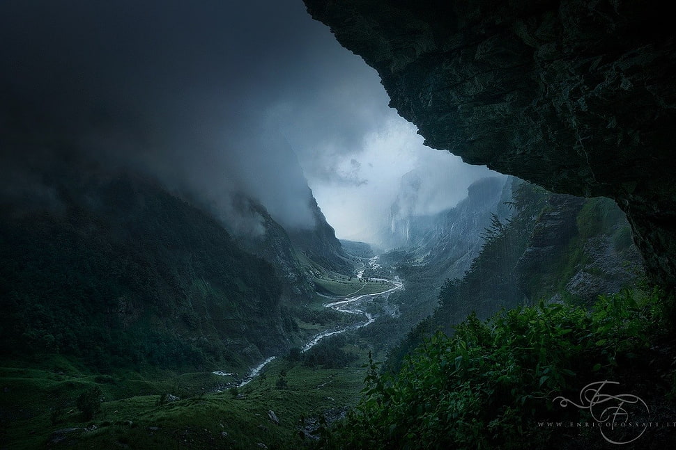 green trees, landscape, river, mountains, clouds HD wallpaper
