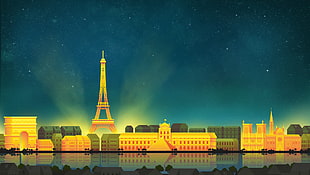 beige and blue tower illustration, cityscape, Paris, artwork, Eiffel Tower