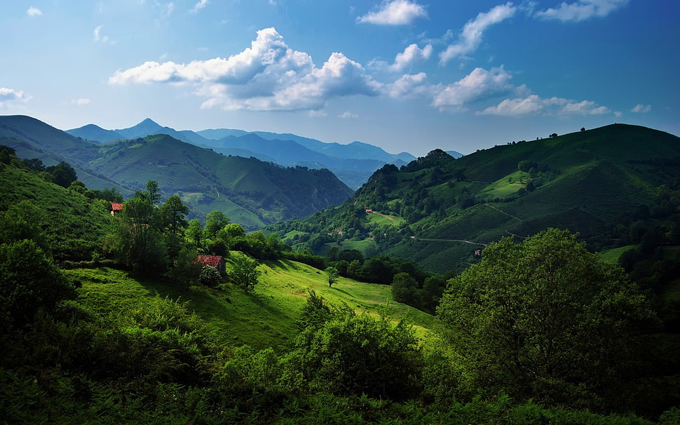 green mountain, landscape, mountains, sky, clouds HD wallpaper