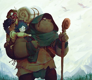 monster holding cane and carrying creature children wallpaper, fantasy art, neko loli