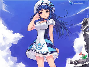 blue haired female anime character wearing pilot costume