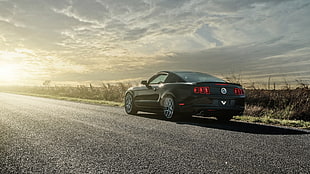 black coupe, muscle cars, street, Ford Mustang GT HD wallpaper