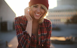 woman in red and black plaid sport shirt