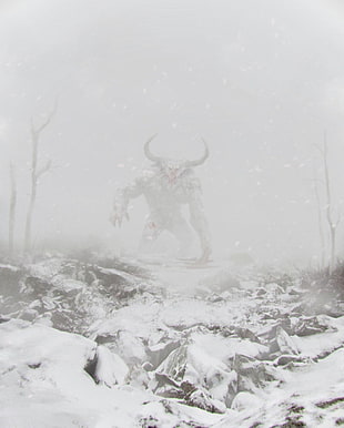 monster with two horns artwork, digital art, snow, creature, white