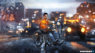 Mr.Bean riding wheelchair and holding rifle illustration HD wallpaper