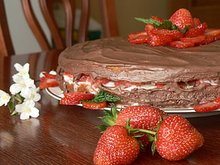 brown chocolate cake with strawberries