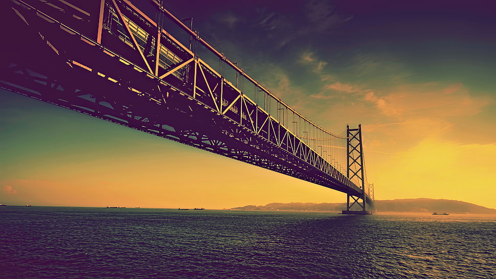 Gray and black bridge, bridge, sunset, sea HD wallpaper | Wallpaper Flare
