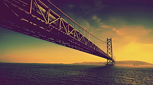 gray and black bridge, bridge, sunset, sea HD wallpaper