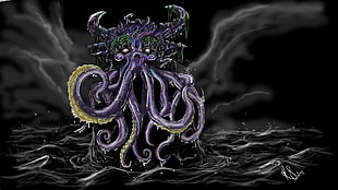 purple octopus sea creature painting, Cthulhu, creature, horror, selective coloring