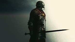 male armored character wallpaper, knight, sword, warrior, digital art