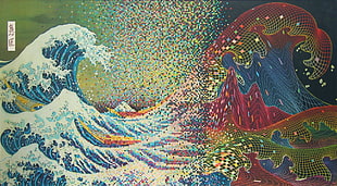 red, blue, and white ocean waves illustration, waves, The Great Wave off Kanagawa, Wave of the Future, pixels