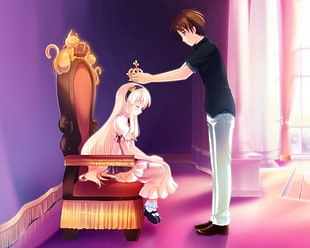 anime character boy putting crown on girl sitting on throne