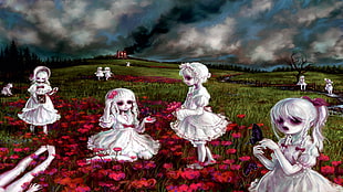 illustration of girls in pink flower field