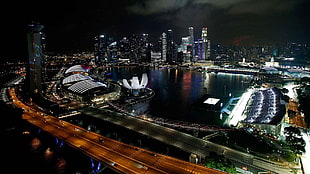 high angle photo of lighted city