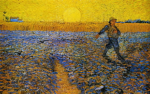 brown and black floral area rug, Vincent van Gogh, sower, painting, Sun
