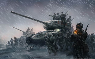 soldier and battle tank painting, artwork, World War II, Soviet Army, tank