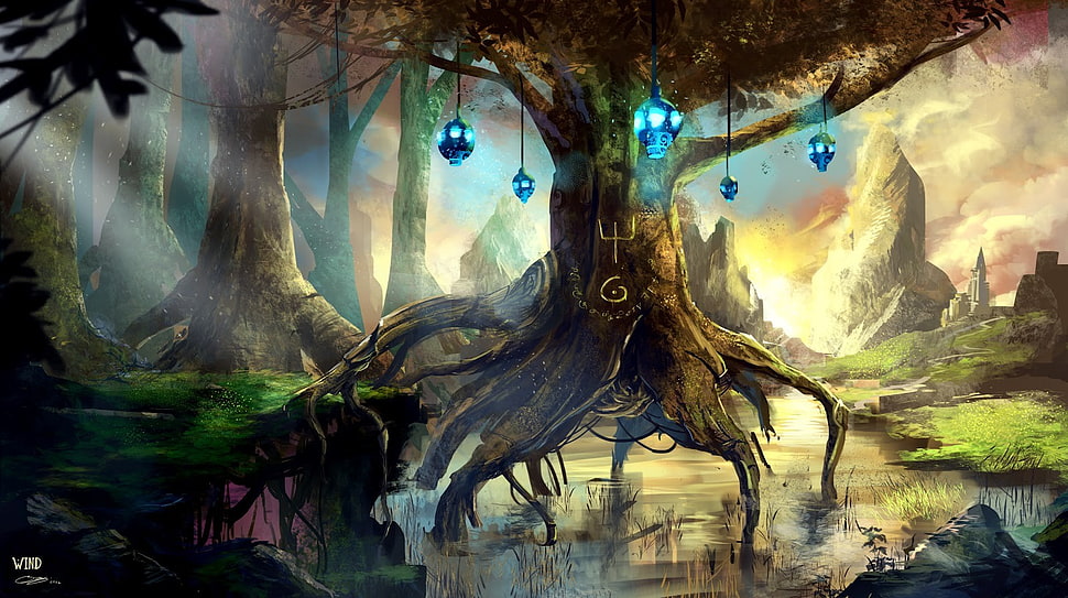 green leafed tree illustration, fantasy art HD wallpaper