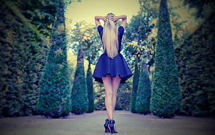 women's blue long-sleeved dress, women, blonde, legs, dress HD wallpaper