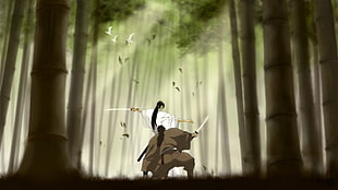 brown and white wooden table decor, Ninja Scroll, bamboo, sword, sunlight