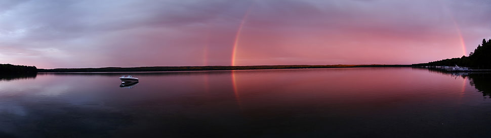 white boat, rainbows, water, sky, boat HD wallpaper