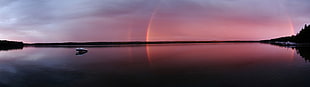 white boat, rainbows, water, sky, boat