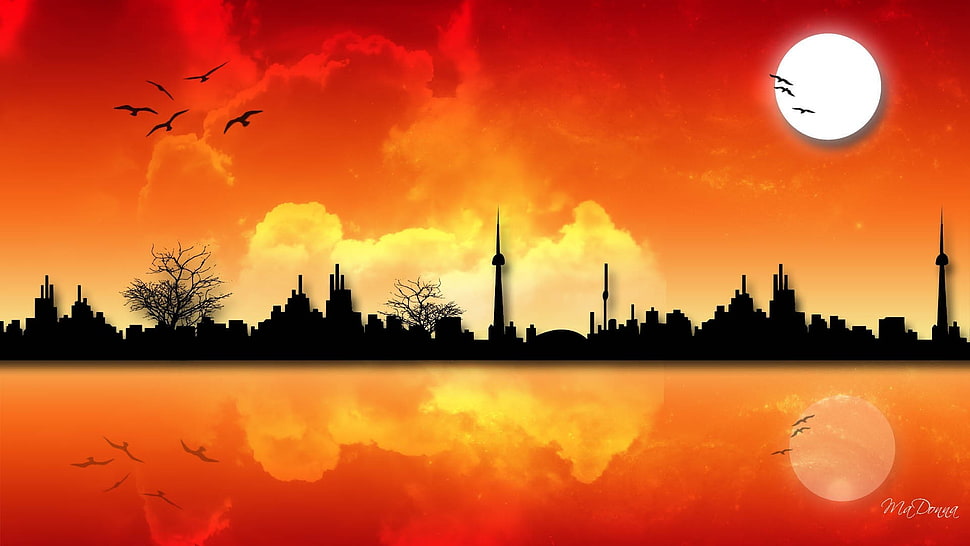 city skyline silhouette illustration, reflection, city, cityscape, artwork HD wallpaper