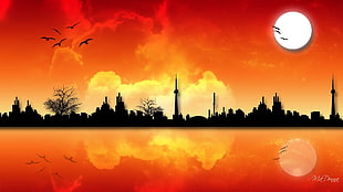 city skyline silhouette illustration, reflection, city, cityscape, artwork