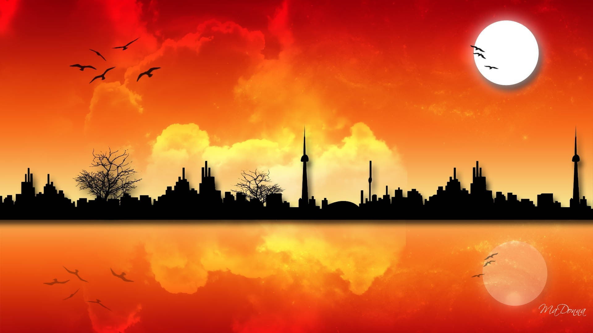 city skyline silhouette illustration, reflection, city, cityscape, artwork