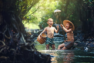 two boy's blue shorts, children, fishing, Thailand, water