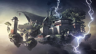 lightning near temple digital wallpaper, fantasy art, digital art, floating island, building HD wallpaper