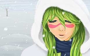 green hair woman with white hooded jacket illustration HD wallpaper