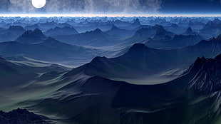 mountains under full moon digital wallpaper