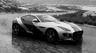 grey coupe, Driveclub, car, vehicle, monochrome