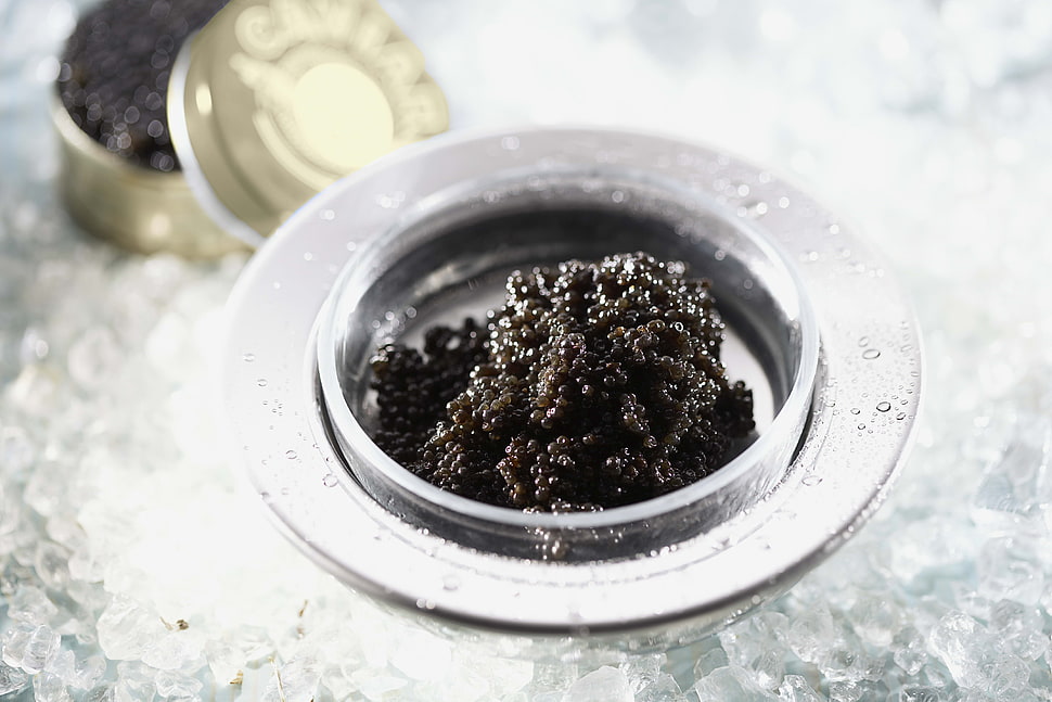 caviar on clear glass bowl HD wallpaper