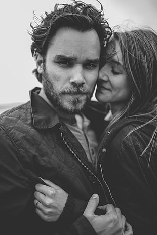 grayscale photography of man and woman HD wallpaper