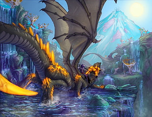 gray dragon on body of water illustration, dragon