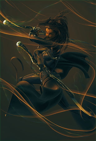 PC game character digital wallpaper, drawing, sword, blades, dark