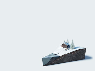 house miniature decor, white background, 3D, digital art, winter