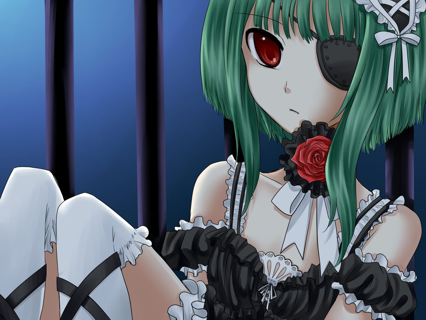 green hair anime girl with eye patch HD wallpaper.