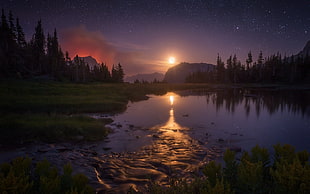 calm body of water, landscape, nature, starry night, Moon HD wallpaper
