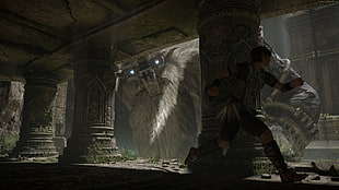 giant monster video game and male character running behind pillar HD wallpaper