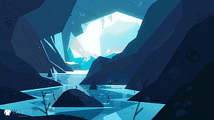 blue cage illustration, cave, fantasy art, Mikael Gustafsson, rock